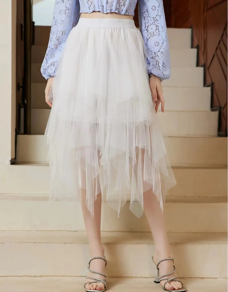 Description Picture 2 of itemTulle Skirts for Women 3 Layered High Low Asymmetrical Midi Length Elastic Waist A-line Mesh Tutu Skirt White Black Pink Gray