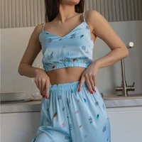 New Satin Silk Pajamas Set for Women Flower Print Sleepwear Sexy V-neck Sleeveless Top Nightwear Pijamas Home Clothes Loungewear - Image 5