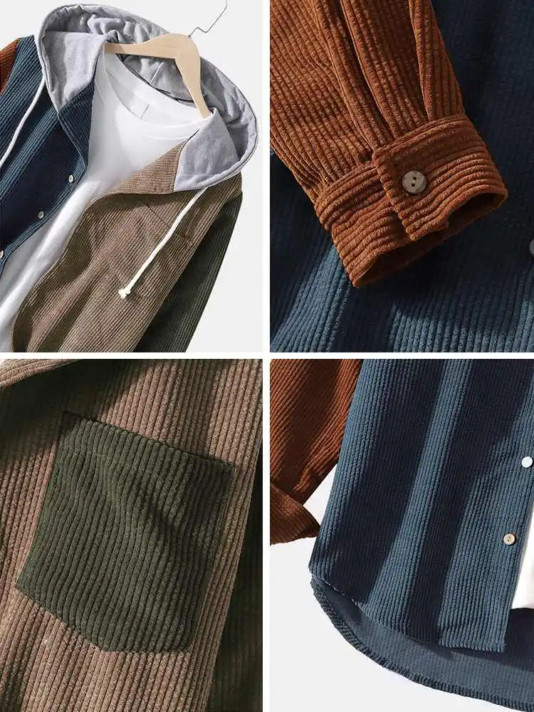 CharmkpR Tops 2023 Fashion Men Corduroy Colorblock Stitching Drawstring Hoodies Casual Streetwear Male Pocket Sweatshirts S-2XL