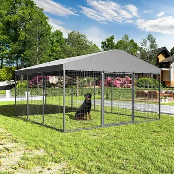 Large Outdoor Kennel with Fully Covered Roof Metal Galvanized Outdoor Dog Fence with Double Security Locks Waterproof Cover 3