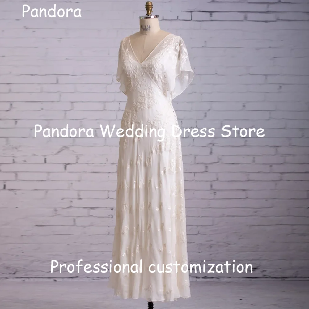 

Pandora Tulle Straight V-neck Flowers Ruffle Ivory Pretty Bride Dresses Ankle-length Elegant Formal Wedding Dresses For Woman