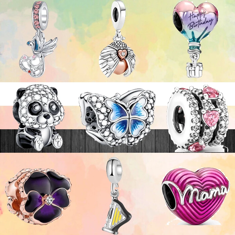 

New Blue Butterfly Panda Insect Harp Happy Birthday Balloon Beads Fit Original Pandora Charm Silver Color Bracelet Women Jewelry