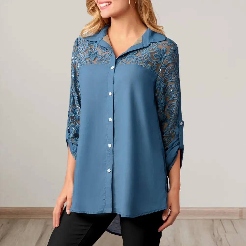 

Women Fall Spring Blouse Stylish Women's Fall Blouse Lace Flower Embroidery Loose Fit Single-breasted Lapel Mid Length Solid