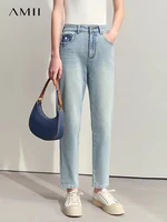 Amii Minimalism 2024 Summer New Casual Basics Denim Jeans Ankle-length Female Cloth Label Decorated Slim Tapered Pants 12442265