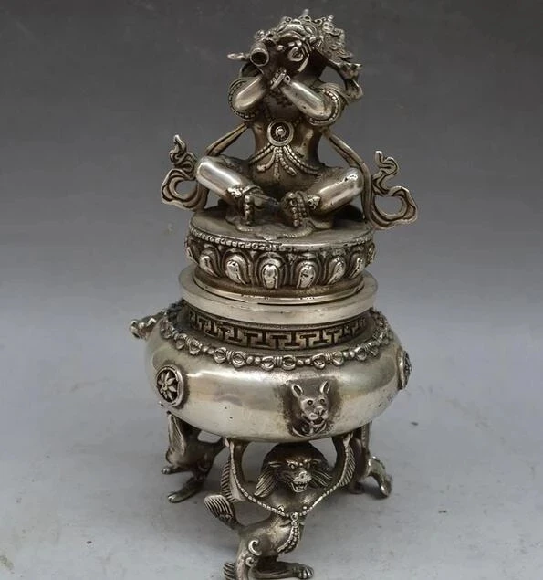 

Tibet Tibetan Silver Bronze Mahakala Buddha Incense Burner Censer
