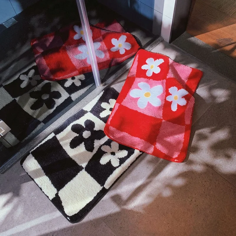 

INS Цветочные клетчатые ворсовые коврики, мягкий флокирующий кухонный ковер, коврик, нескользящий коврик, напольный коврик для ванной, спальни, туалета, двери, ковры