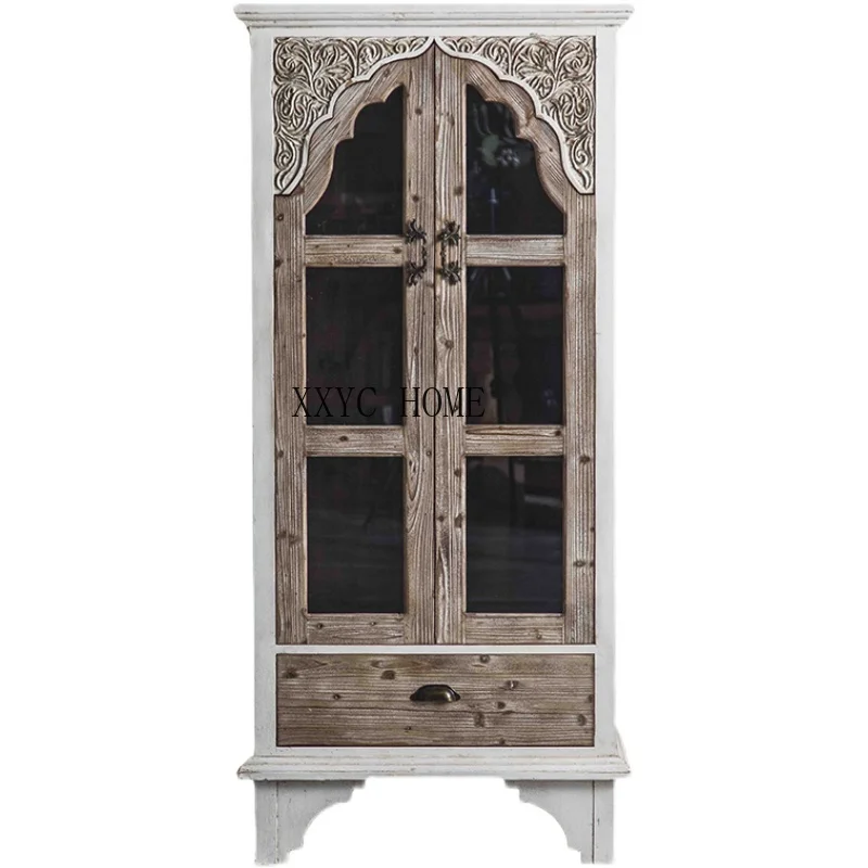 

Шкаф из массива дерева в стиле ретро с эффектом потертости для гостиной, шкафчик на стену, креативный шкаф для сувениров