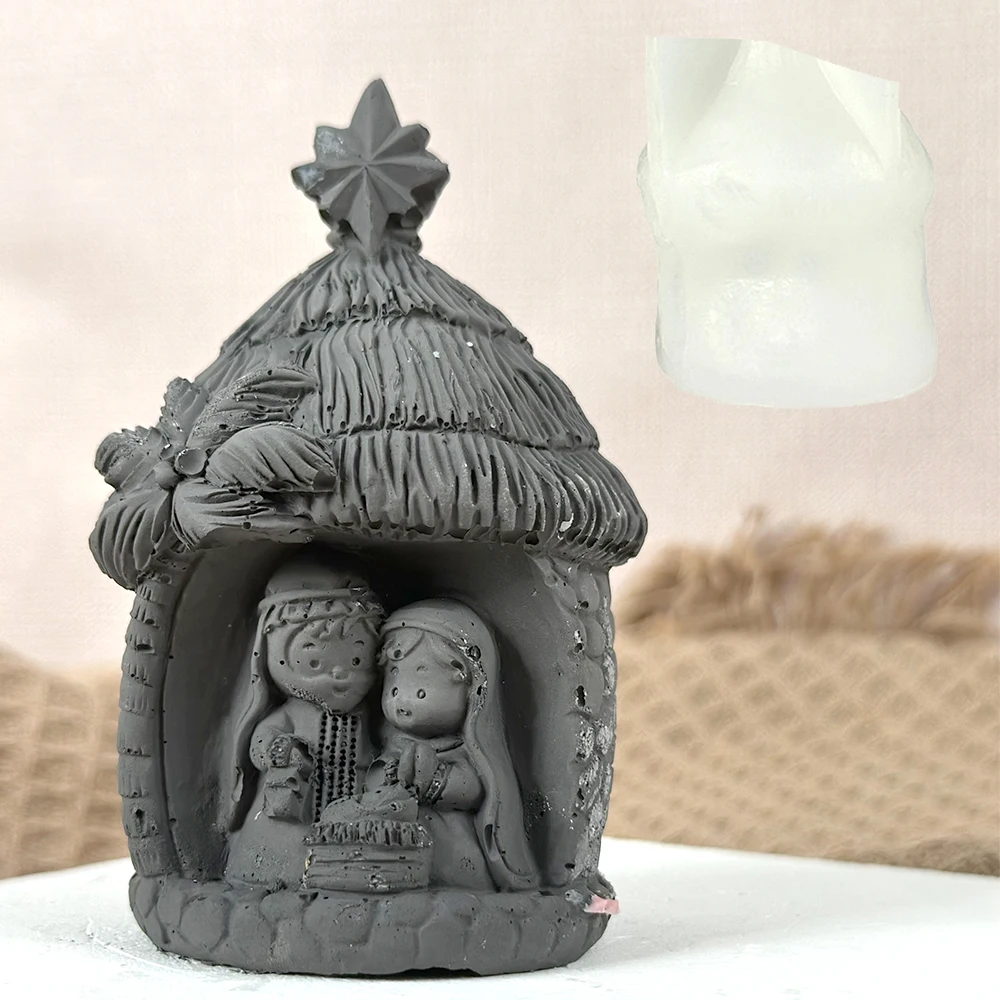 3D Stone House Plaster Silicone Mold for DIY Holy Religion Nativity Art Ornament Cement Resin Casting Mould Candle Wax Mold Tool