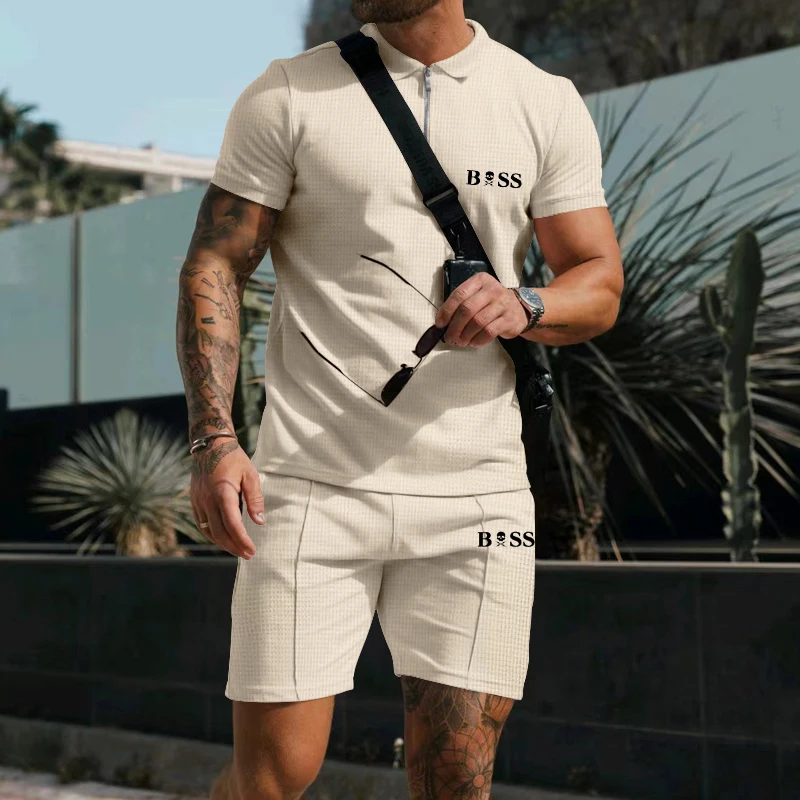 Brand Men's Summer Waffle POLO Shirt Short Sleeve Suits High Quality Zipper Collar Travel Casual Home Shorts Two-Piece Set brand for my son подгузники travel pack s 4 8 кг 5