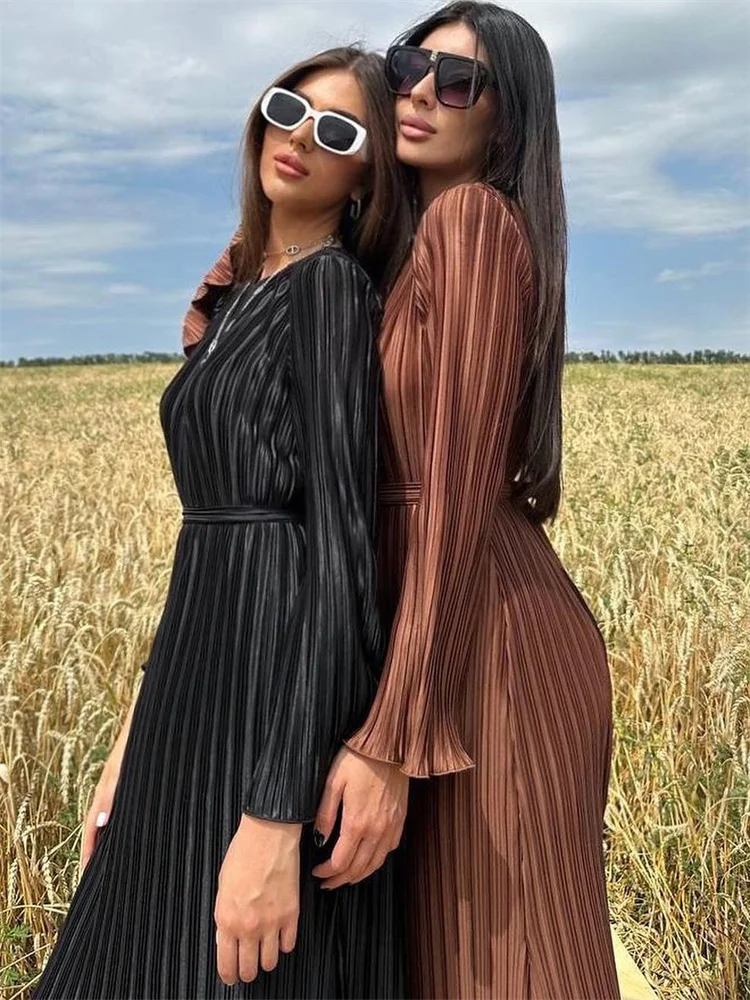 Vestido largo acanalado con volantes y cordones para mujer, manga larga, cintura alta, elegante, para fiesta, otoño, estilo vendaje