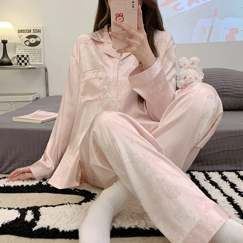 Imitation silk jacquard pajamas Women's spring thin summer long-sleeved cardigan suit Solid color ice silk ins casual home wear