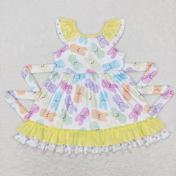 어린이 유아 용수철 러플 의류, 아기 소녀 무릎 길이 다채로운 원피스, 부활절 토끼 버튼, 원피스 도매