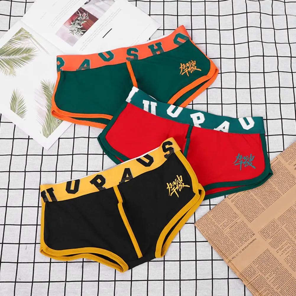 

Men Boxers Mid-rise Elastic Waistline Letter Print Male Panties Simple Patchwork Color U Convex Shorts Briefs Cueca Para Homen