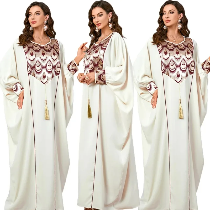 

Muslim Women Abaya Bat Sleeve Tassel Long Maxi Dress Turkey Kaftan Arab Gowns Islam Dubai Eid Ramadan Femme Caftan Morocco Party