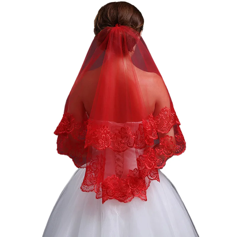 Classic Red Bridal Wedding Simple Long Lace Veil Headpiece for Women bridal veil