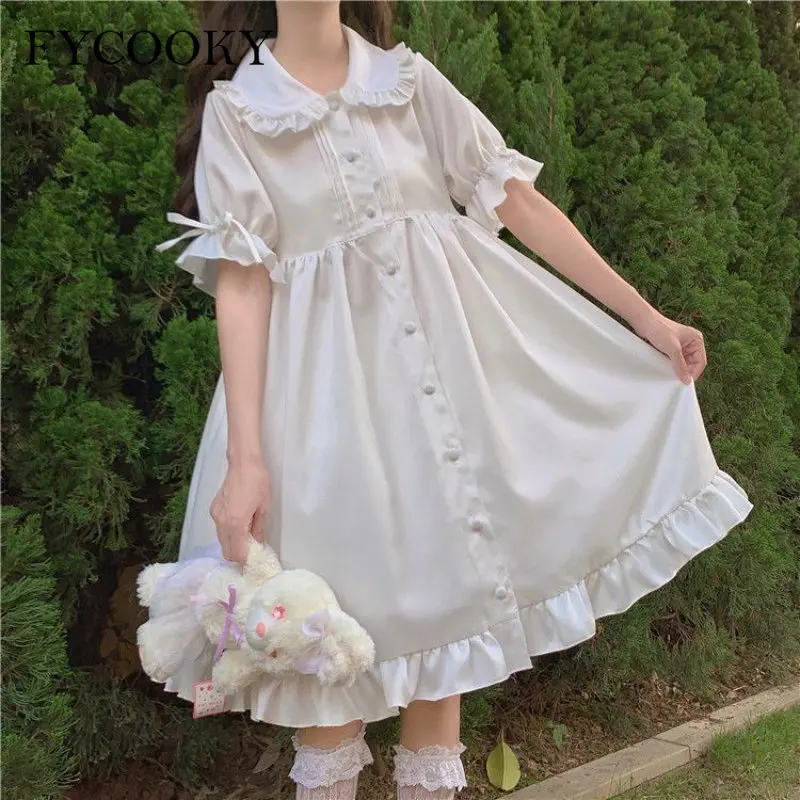 

Lolita Fairy Dress Women Summer New Peter Pan Collar Sweet Lace-up Puff Sleeve Solid Patchwork Edible Tree Fungus Loose Dress