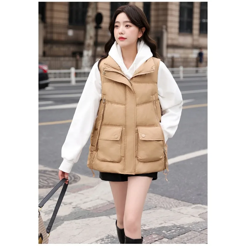 Women Autumn Winter Vest Coat Down Cotton Padded Jacket Sleeveless Cardigan Waistcoat Warm Snow Clothes Zipper Large Pockets