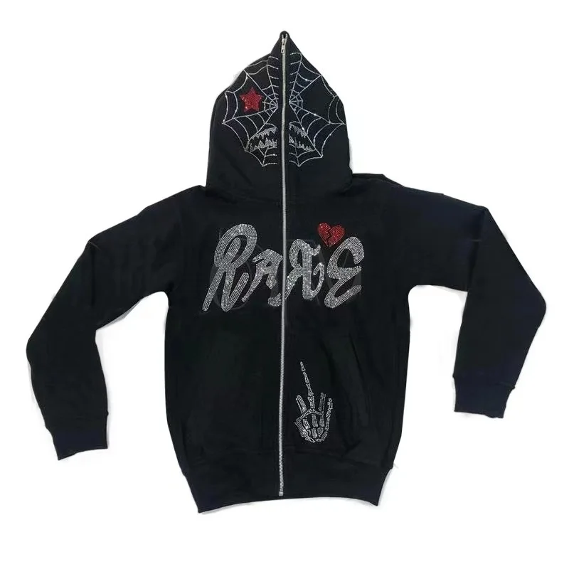 

Y2K Full Zip Up Hoodie Sweatshirt Men New Gothic Rhinestones Spider Web Hip Hop Grunge Skeleton Oversized Jacket Coat