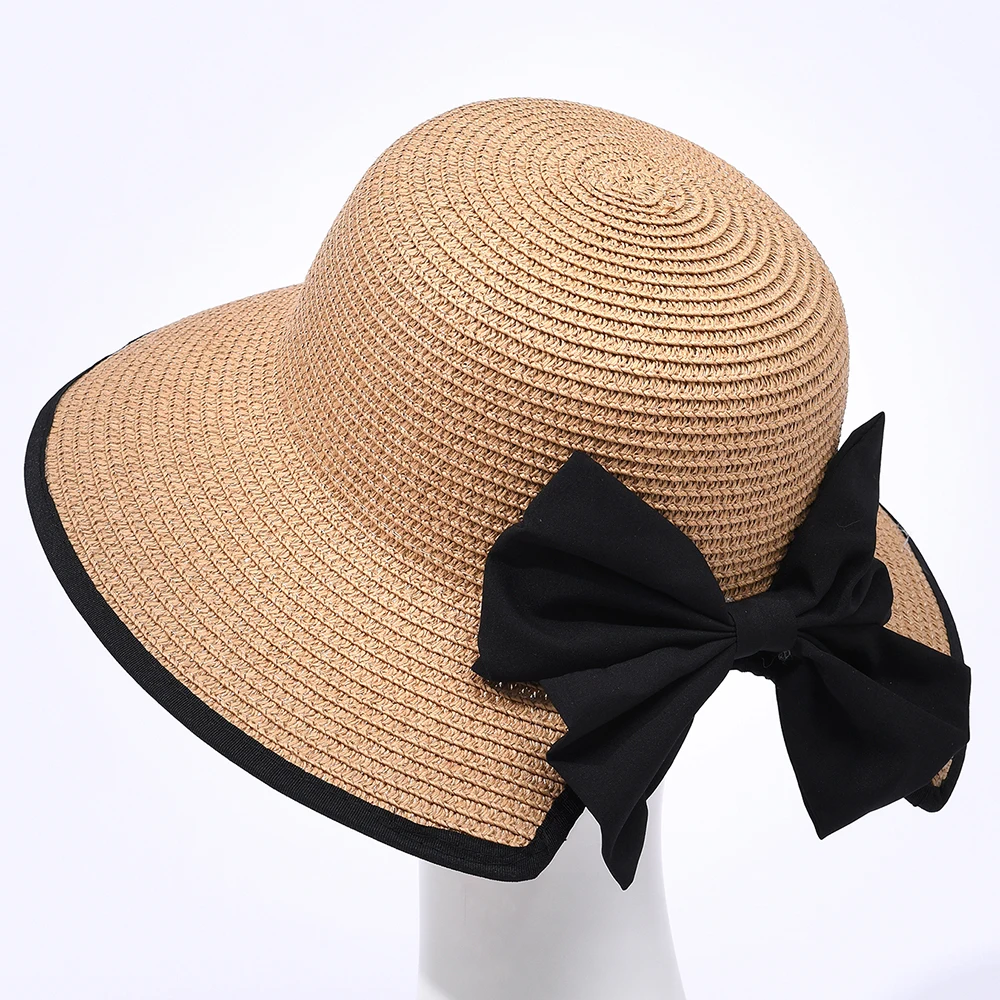 Hot Sale With Split Band For Women's Bow Straw Summer Outdoor Beach Vacation Small Fresh Sun Protection Hat Foldable_voghion.com