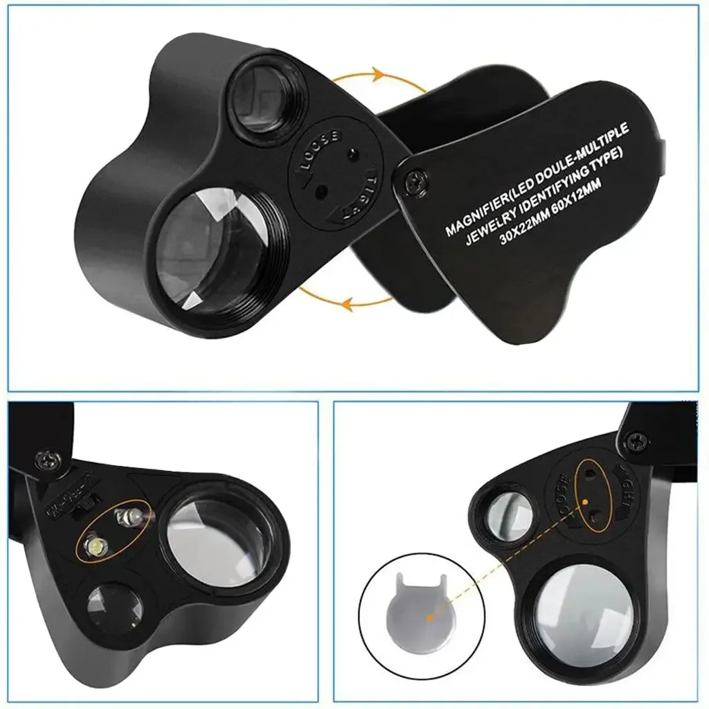 Jewelers Loupe Magnifier 30X 60X Illuminated Foldable With Bright LED Light For Gems Jewelry Coins Stamps