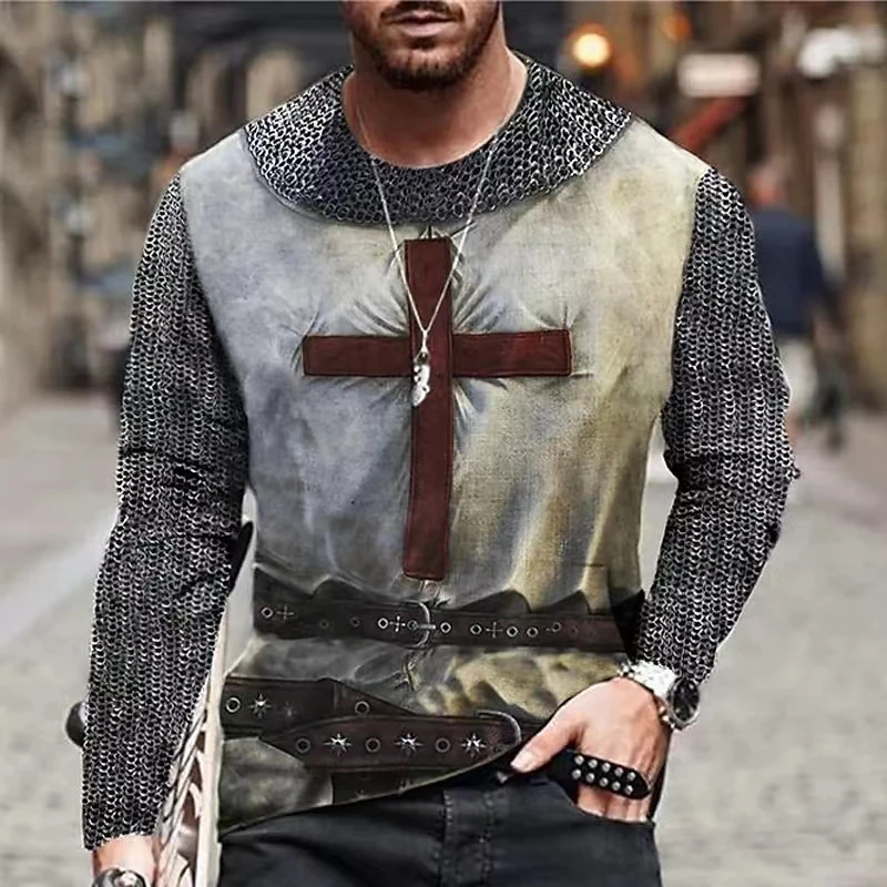Vintage Print Men T Shirts Samurai Pattern Knights Templar 3D Top Cotton Tee Streetwear Autumn Long