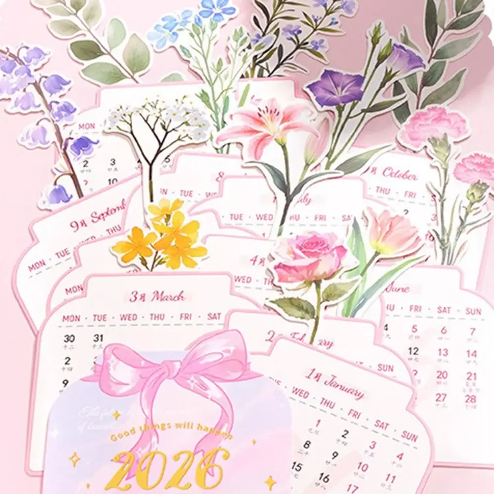 나무 받침대 2026 데스크탑 캘린더 탈착식 받침대 꽃 테마 블루미 플라워 데스크 캘린더 날짜 표시 꽃병 모양