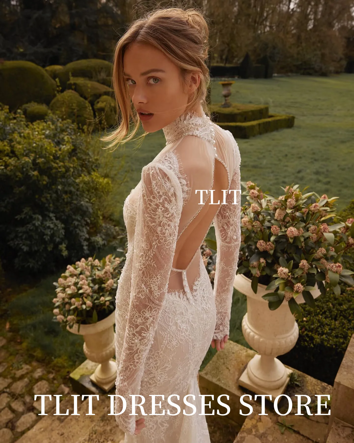 TLIT Luxurious Lace Mermaid Wedding Dresses Customized Long O-Neck فساتين زفاف Long Lace Sleeve Backless Bridal Gowns