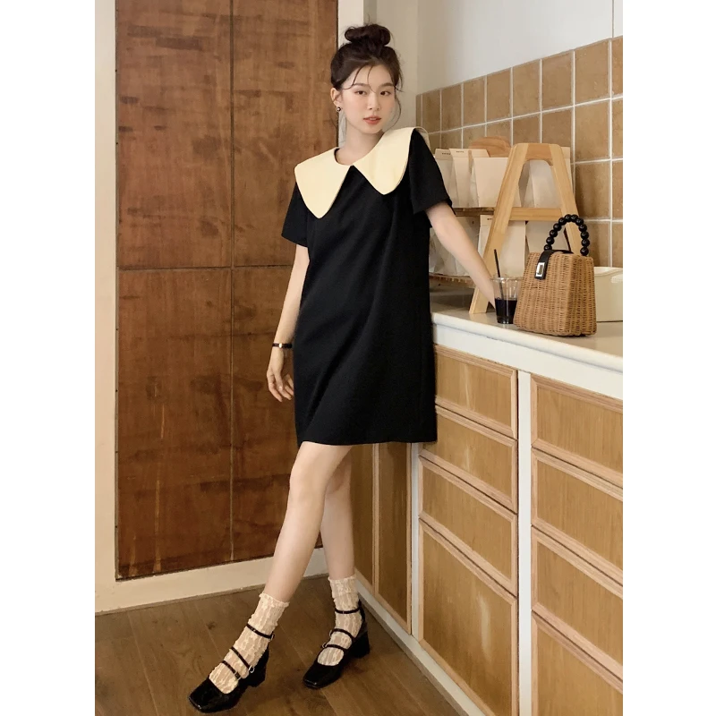 

2023 New Summer Dressed Girl Korean Version Easy Temperament Contrasting Colors Age Reduction Doll Collar Bow Free Shipping