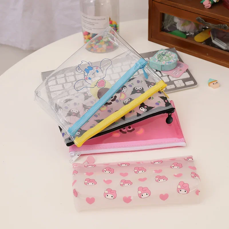 Sanrio Kuromi Cartoon Pencil Case My Melody Waterproof Makeup Organizer Case Cinnamoroll Girls Translucent Frosted Pencil Bags
