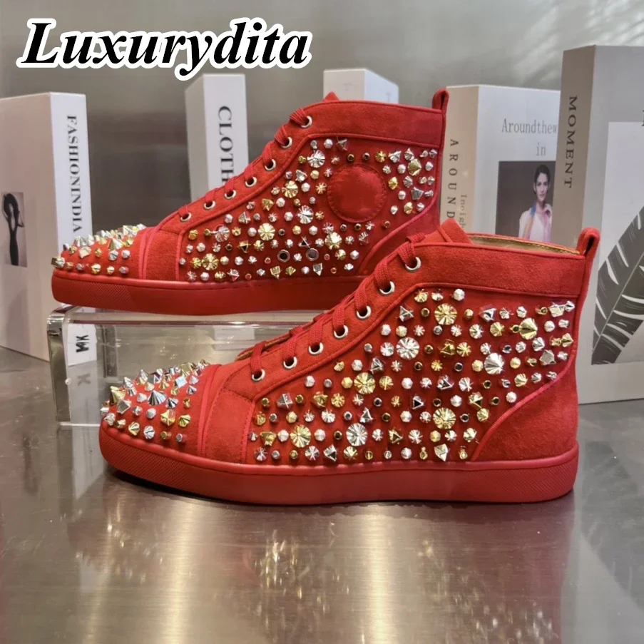 LUXURYDITA Designer Men Casual Sneakers Real Leather Rivet Luxury Womens Tennis Shoes 35-47 Fashion Unisex loafers HJ404