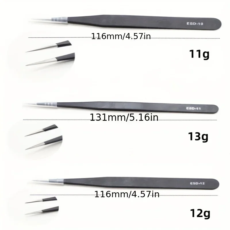 Jeu de 6 pincettes antistatiques ESD précision acier inoxydable