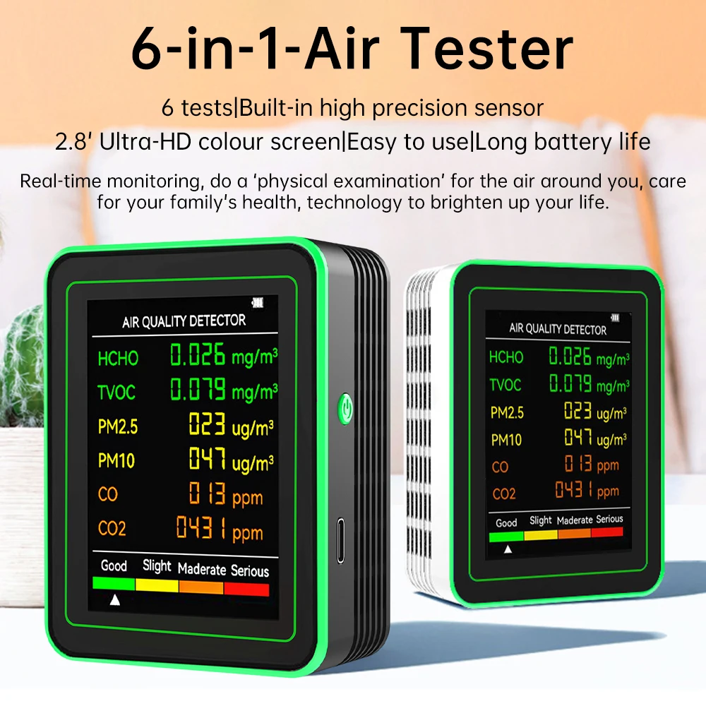 New 6 In 1 PM2.5 PM10 HCHO TVOC CO CO2 Air Quality Detector CO CO2 Formaldehyde Monitor Home Office Air Quality Tester