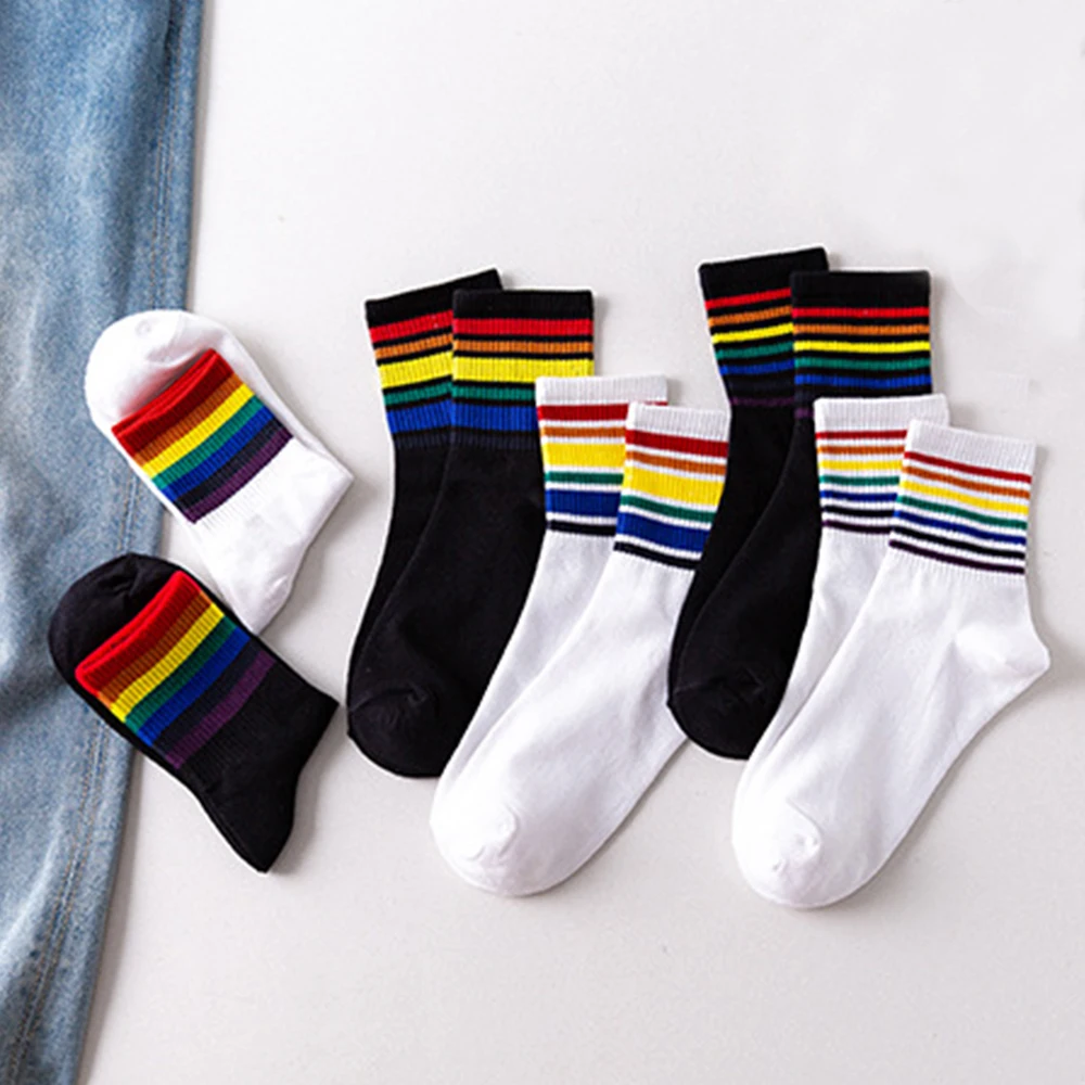 

Autumn Winter Women Black White Casual Colorful Cotton Hosiery Rainbow Stripe Rainbow Socks Stripe Socks