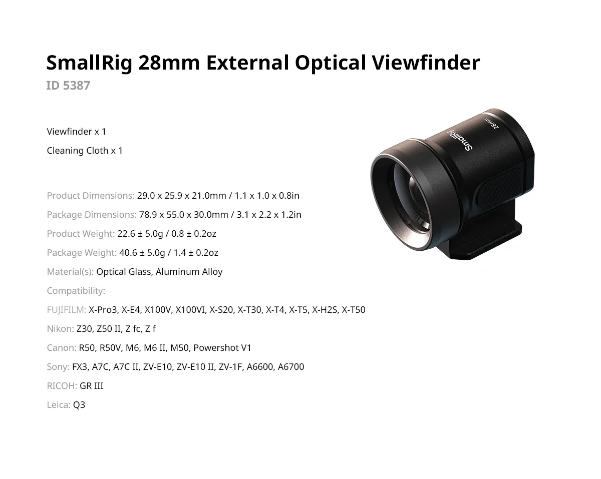 SmallRig Camera 28mm External Optical Viewfinder APS-C 5-lens Optical System for