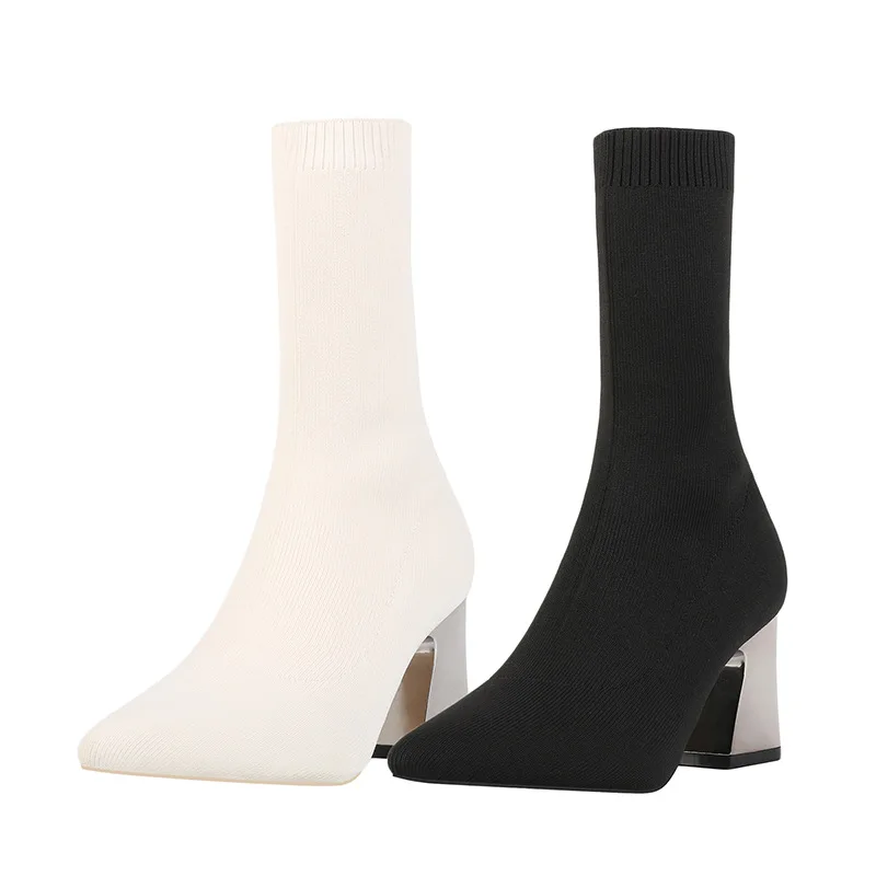 2022 Women Stretch Knitted Sock Boots Fashion Sexy High Heels Black Ankle Boots Stripper Low Block Heel Lady Winter Women Shoes