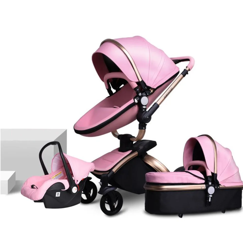 PU leather baby stroller 3 in 1 High-Grade High Landscape Infant Carriage Luxury Folding pram