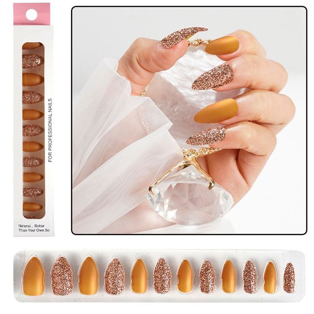 Matte False Nails Nail Art Fake Nails Gel Tips Full Cover Teardrop Shaped Artificial Press Nails Glitter Powder Fake Nails