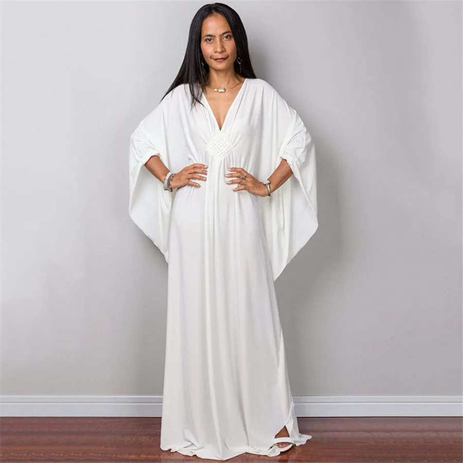 Plus Size Caftan Dresses for Women Solid Color Plus Size Beach Dress V Neck Cover Up Loose Soft Kaftan Loungewear