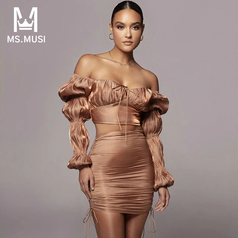

MSMUSI 2023 New Fashion Women Sexy Square Neck Fold Two Piece Set Bodycon Party Long Sleeve Top Bodysuit Short Skirt Set Suit