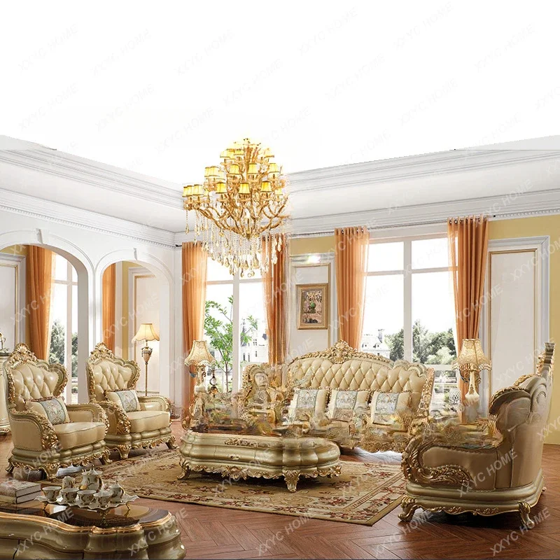 

Furniture Leather Sofa Combination Living Room Double-Sided Solid Wood Carved Villa High-End Sofa muebles de la sala