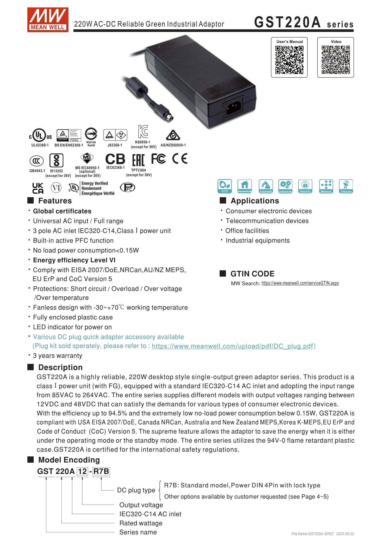 MEAN WELL GST220A GST220A12-R7B GST220A15-R7B GST220A20-R7B GST220A24-R7B GST220A36-R7B GST220A48-R7B