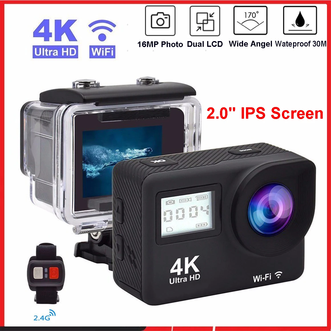 4K 울트라 HD 액션 카메라, 더블 2.0 인치 IPS LCD 와이파이 16MP 30M 이동 방수 프로 스포츠 DV 헬멧 비디오 카메라 포함, 신제품