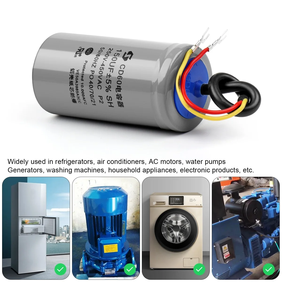 CD60 Motor Run Capacitor 450V 50/75/100/150/200/250/300/350/400UF Motor Starting Capacitor For Water Pump Air Conditioner