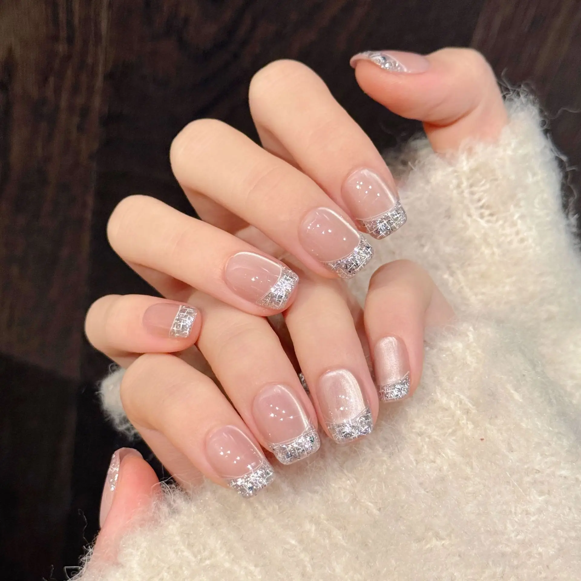 10개 수제 프레스온 네일 프렌치 다이아몬드 실크 캣츠아이 풀커버 네일 팁 여성&소녀용 탈부착 가능 착용 가능한 인조 손톱