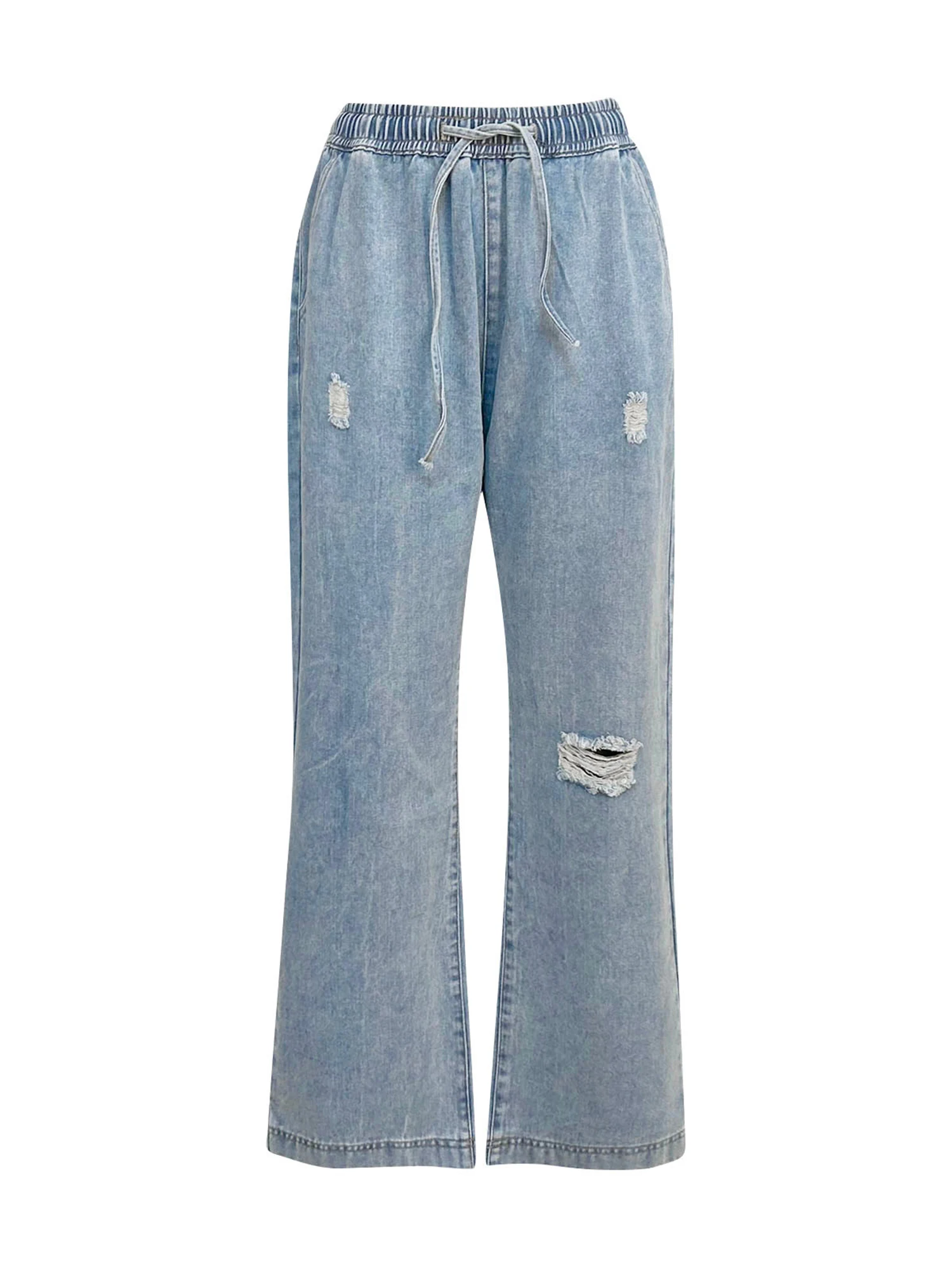 Women s Distressed Oversized Denim Trousers with Adjustable Drawstring Waistband and Spacious Pockets for a Relaxed Look