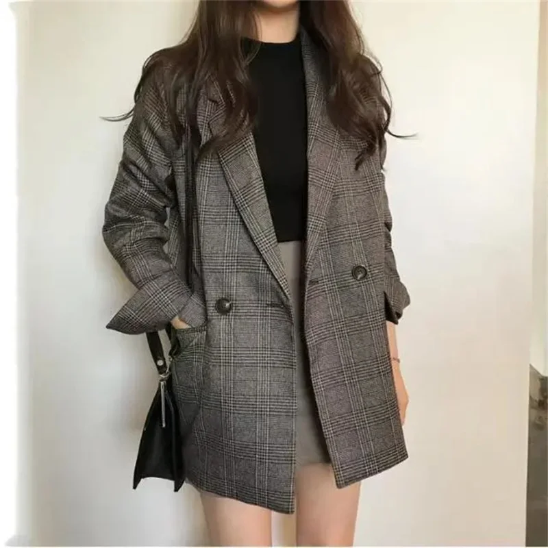 Plaid Wool Suit Jacket Women Clothes 2026 Spring Autumn Large Size Blazer Women's Fat Mm Slim Plaid Suit New In Coat