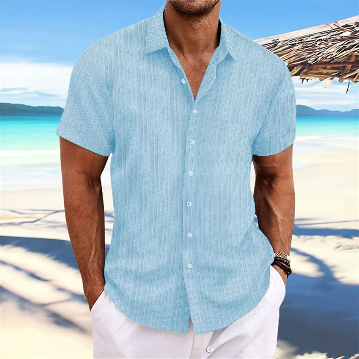 Beach Vacation Men's Casual Solid Color Striped Linen Slim Fit Fashion Short Sleeve Comfortable Breathable Summer Cardigan