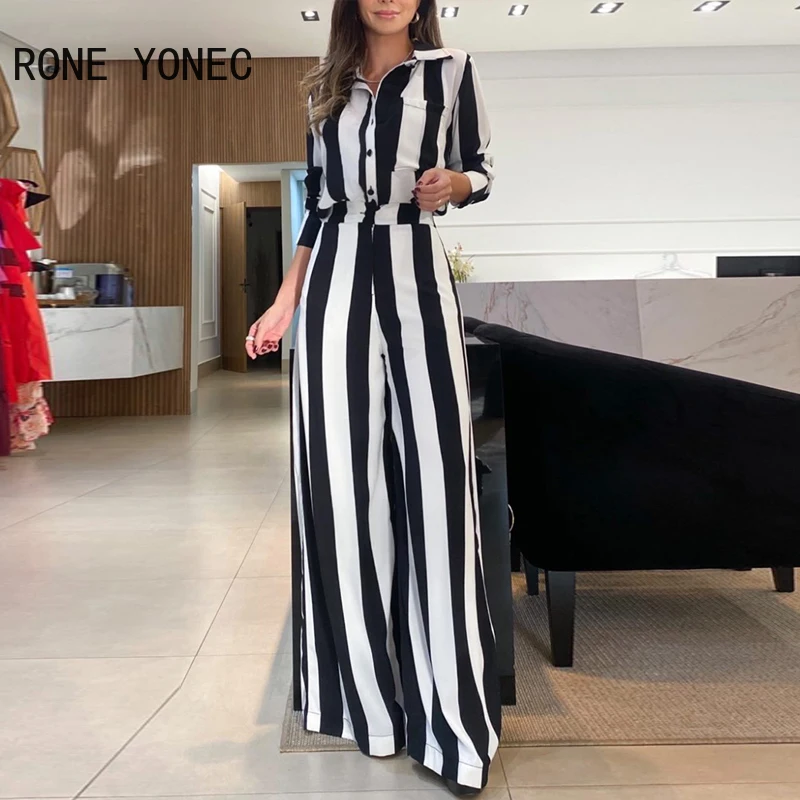 Women Striped Long Sleeves Turn Down Neck Wide Leg Casual Fashion Working Jumpsuit
