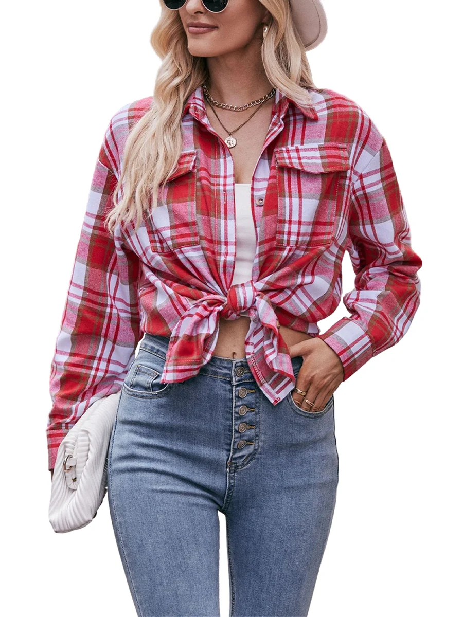 

Women Fashion Shirts Plaid Turn-Down Collar Button Down Tie Knot Long Sleeve Blouses Spring Fall Casual Loose Tops Streetwear