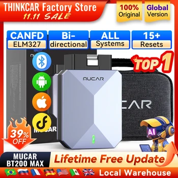 MUCAR BT200 MAX Automotive Tools ELM327 AI OBD2 Bluetooth Scanner CANFD Bidirectional 15 Reset Full System Diagnose Code Reader